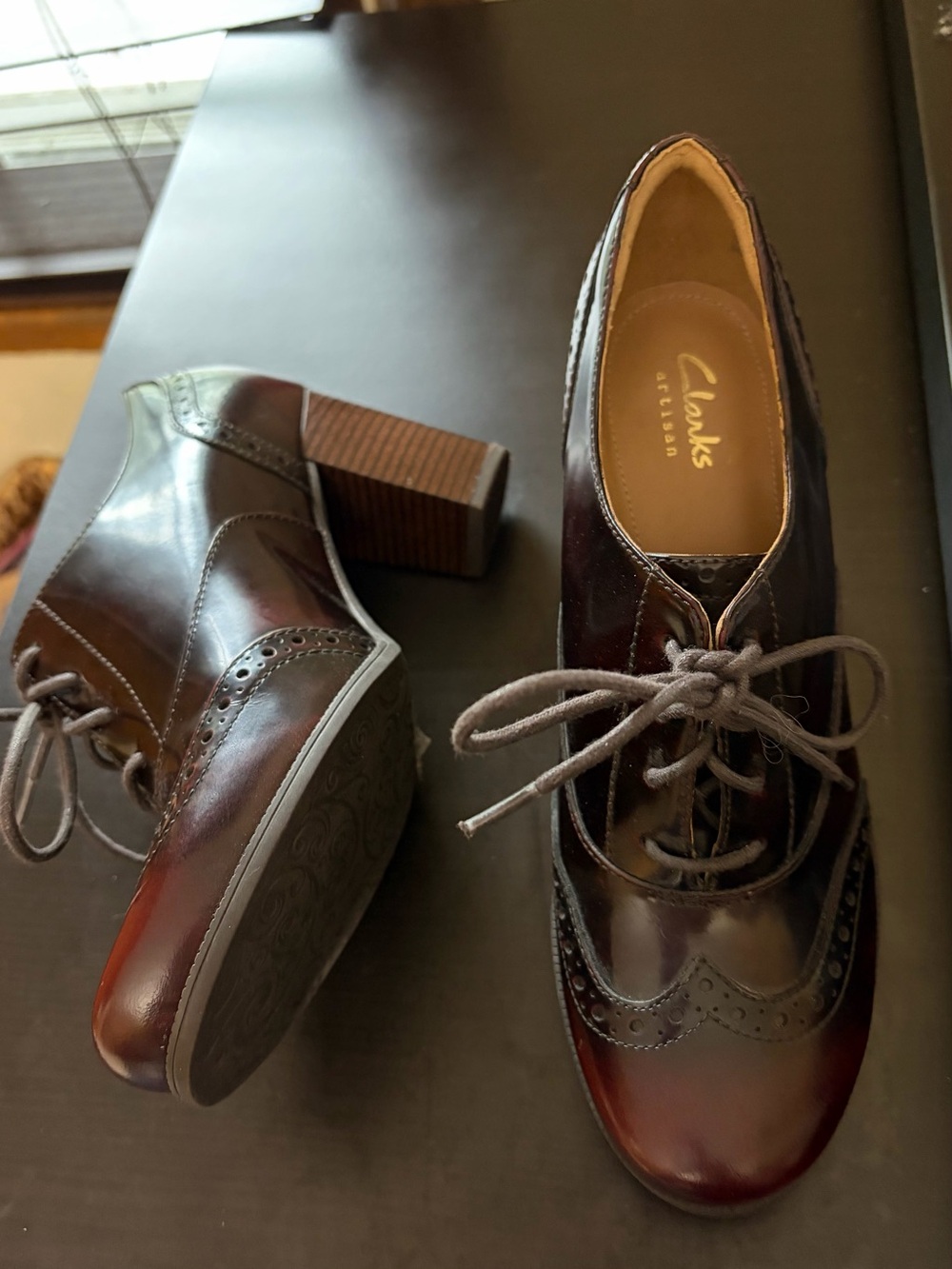 Clarks Artisan Ciera Pier Burgundy Leather Oxford Brogue Heels-Size 7.5
